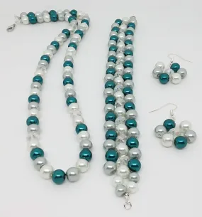 Handmade Glass Beaded Bracelet Earrings Necklace Jewelry Set Blue Gray Clear