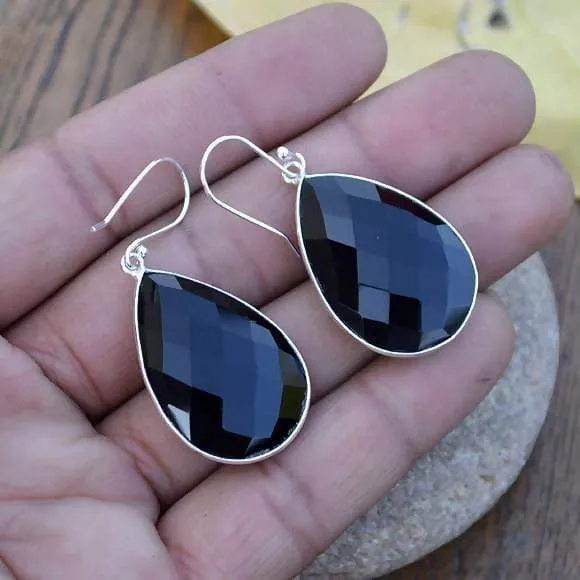 Heart Black Onyx Dangle Earrings, Onyx Bezel Gemstone Earrings, Onyx Gemstone, Briolette Earrings,Brides Wedding, Sterling Silver Earrings, Onyx Gemstone, Nickel Free