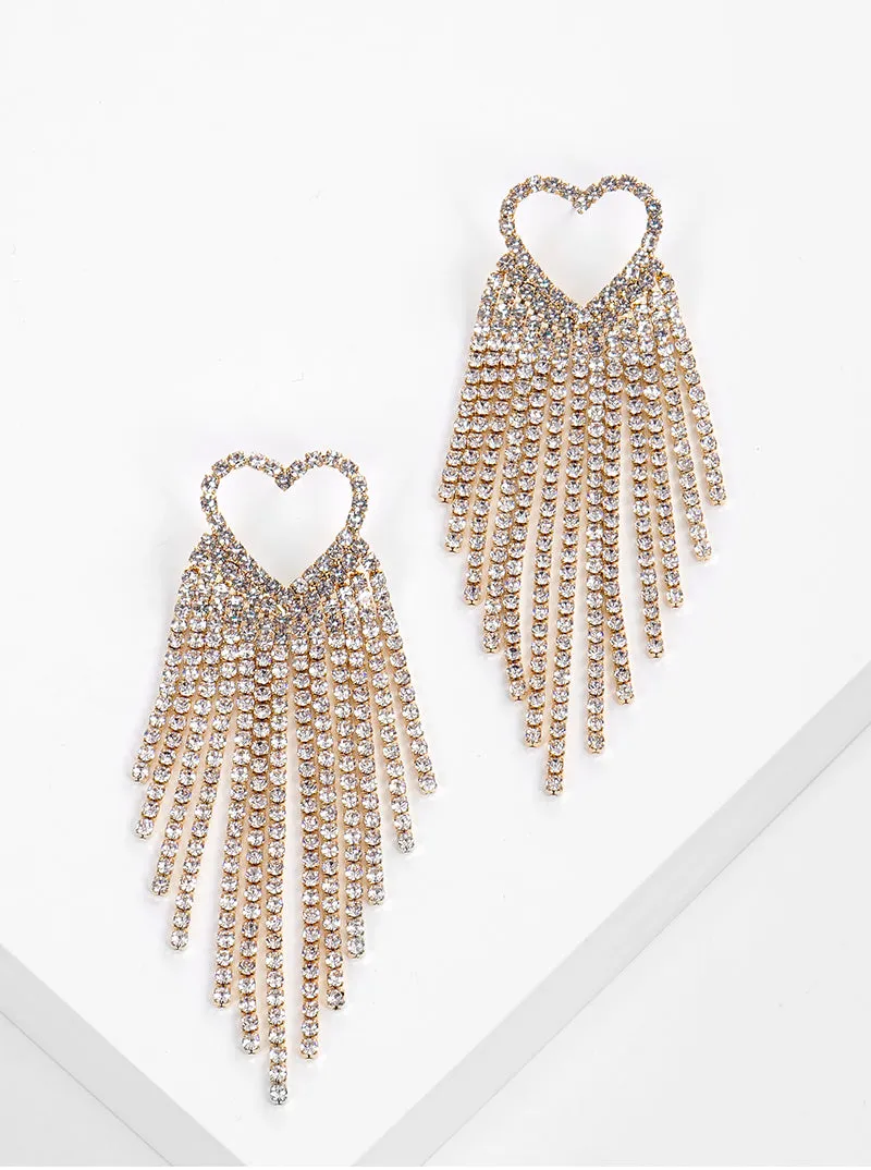 Heart Rhinestone Tassle Drop Earrings