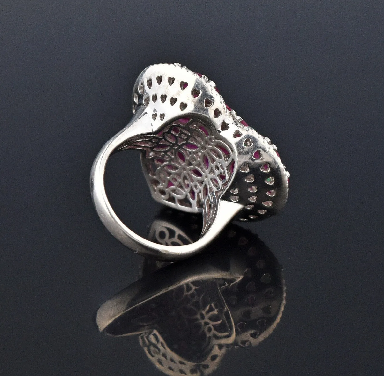 Impressive Silver Marquise Ruby Emerald Heart Ring