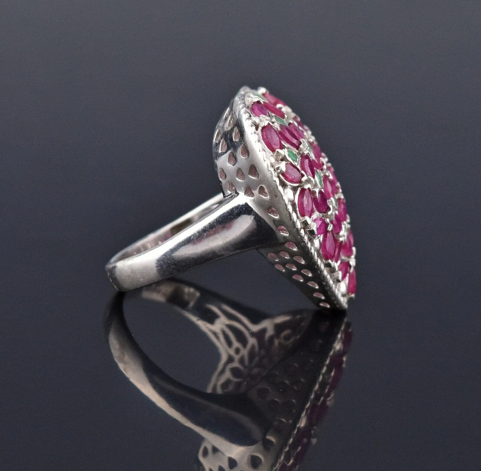 Impressive Silver Marquise Ruby Emerald Heart Ring