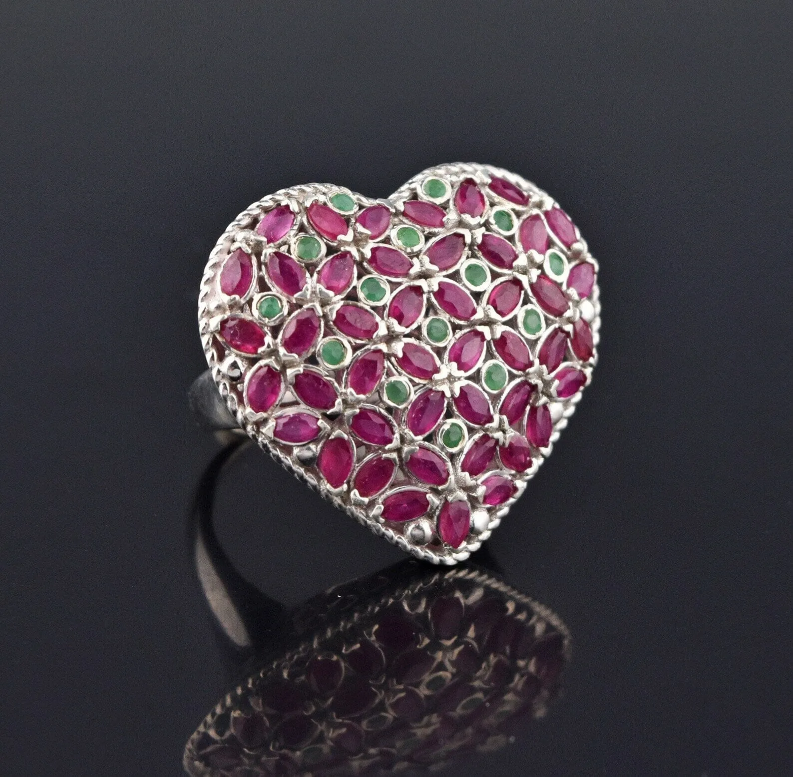 Impressive Silver Marquise Ruby Emerald Heart Ring