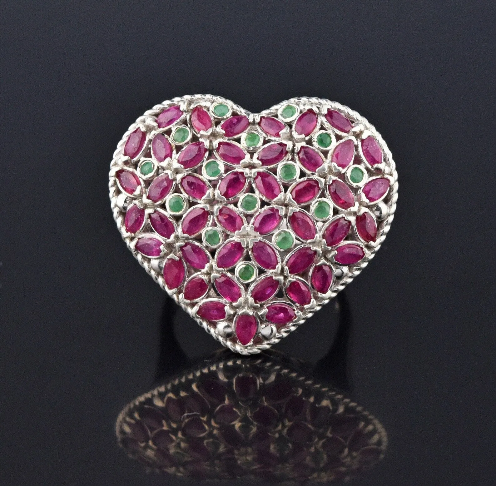 Impressive Silver Marquise Ruby Emerald Heart Ring