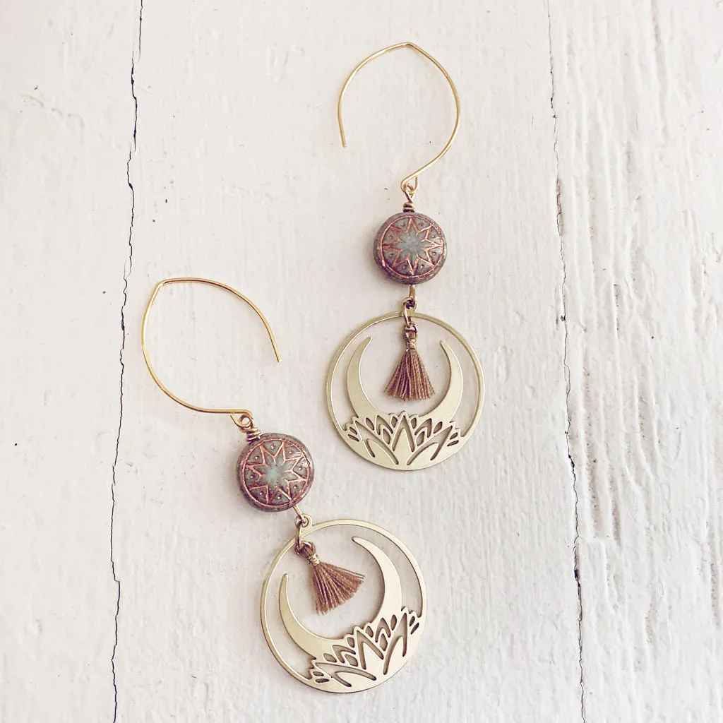 ishtar star // czech glass bead with lotus flower hoop & tiny tassel brass earrings