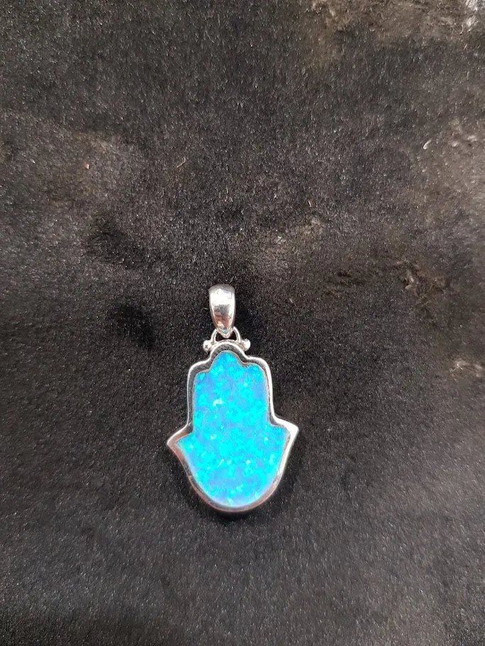 Jewish jewelry Shma Necklace Blue Opal hamsa Shema Israel Sterling Silver Pendant