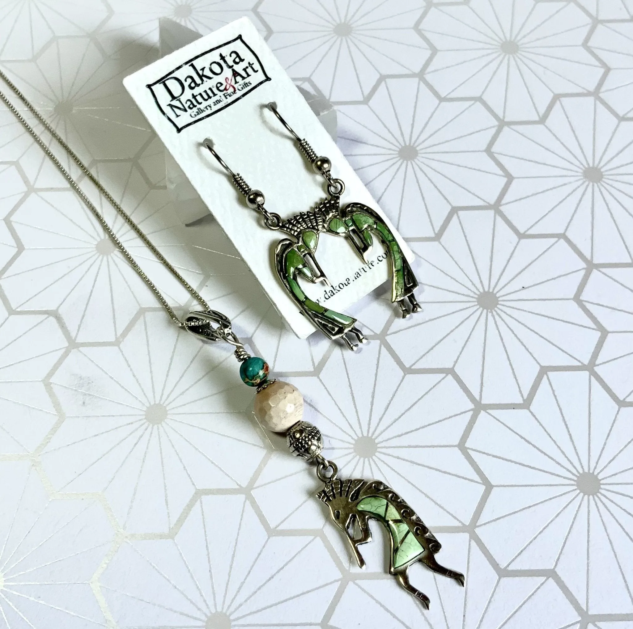 Kokopelli Green Turquoise Inlay Pendant and Earring SET