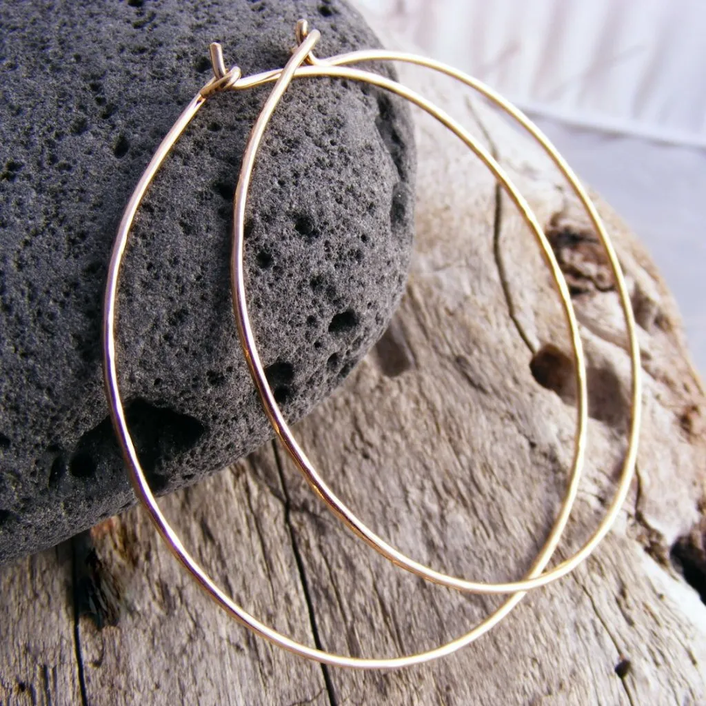 Large Gold Hoops, 2 Inches Skinny, Slim, Thin Hammered 14kt Yellow Or Rose Gold Filled Hoops Earring, Sterling Silver Hoops