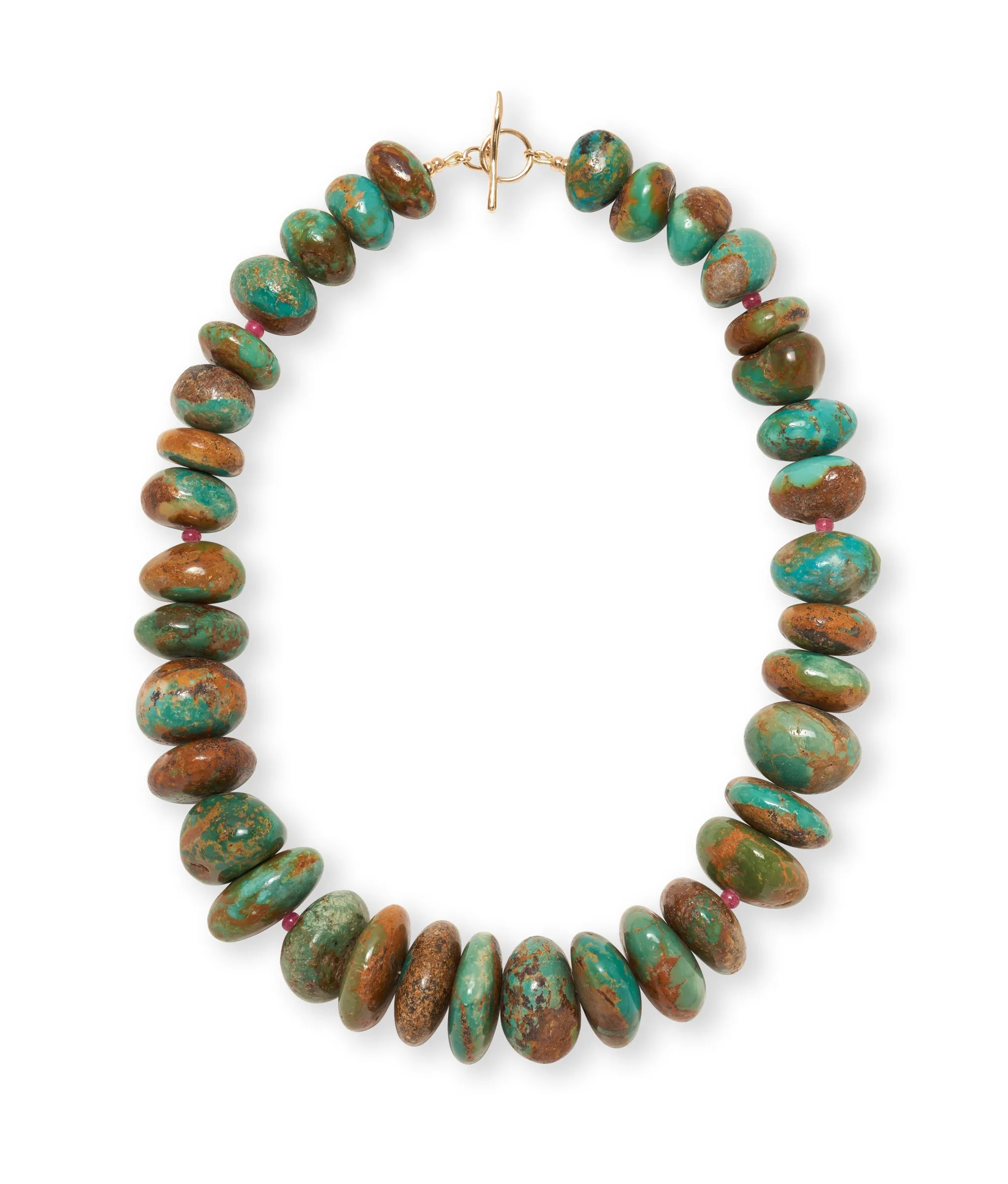 Large, Graduated Green Brown Turquoise & 14k Gold Necklace