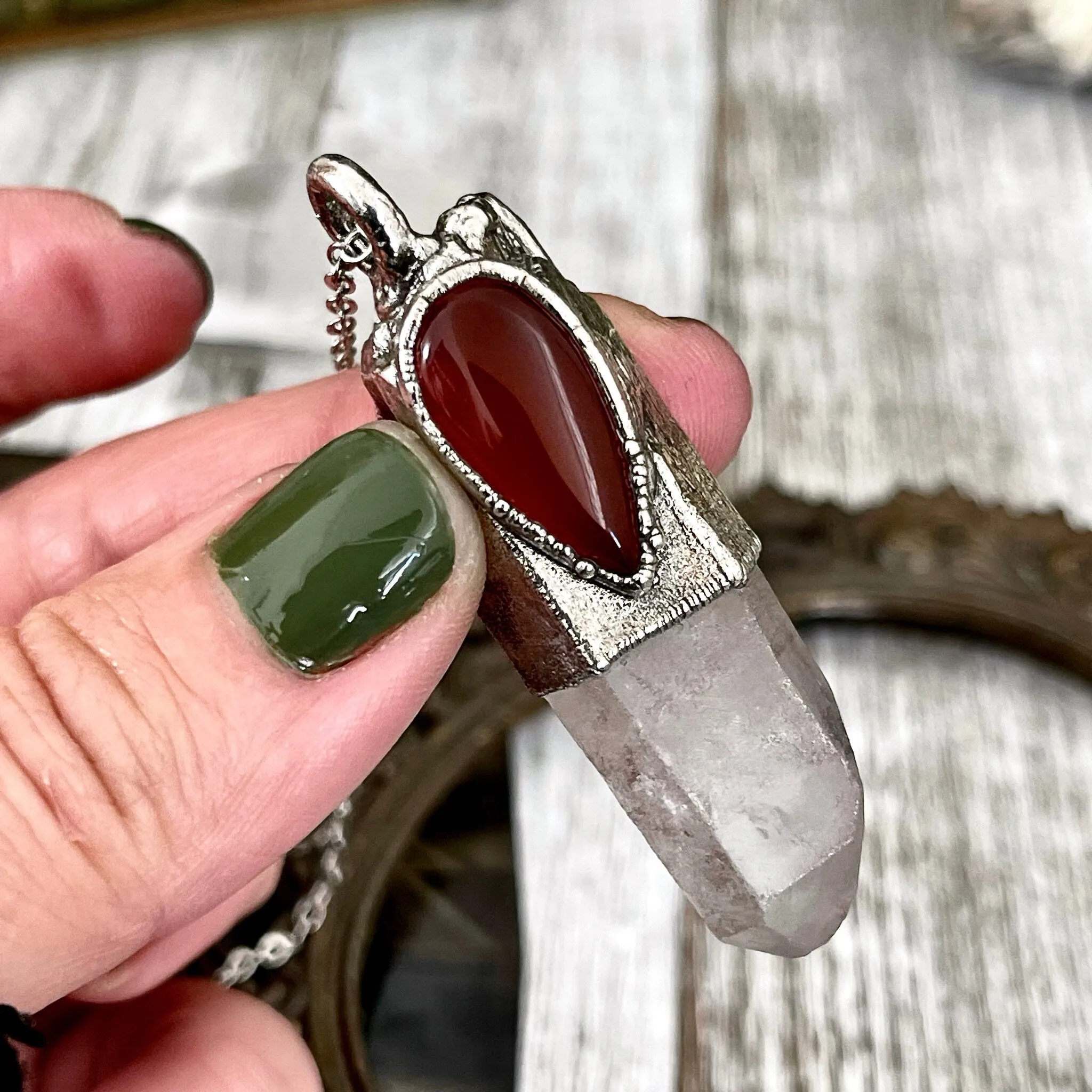 Large Raw Clear Quartz & Carnelian Crystal Statement Necklace in Fine Silver / Foxlark Collection - One of a Kind /