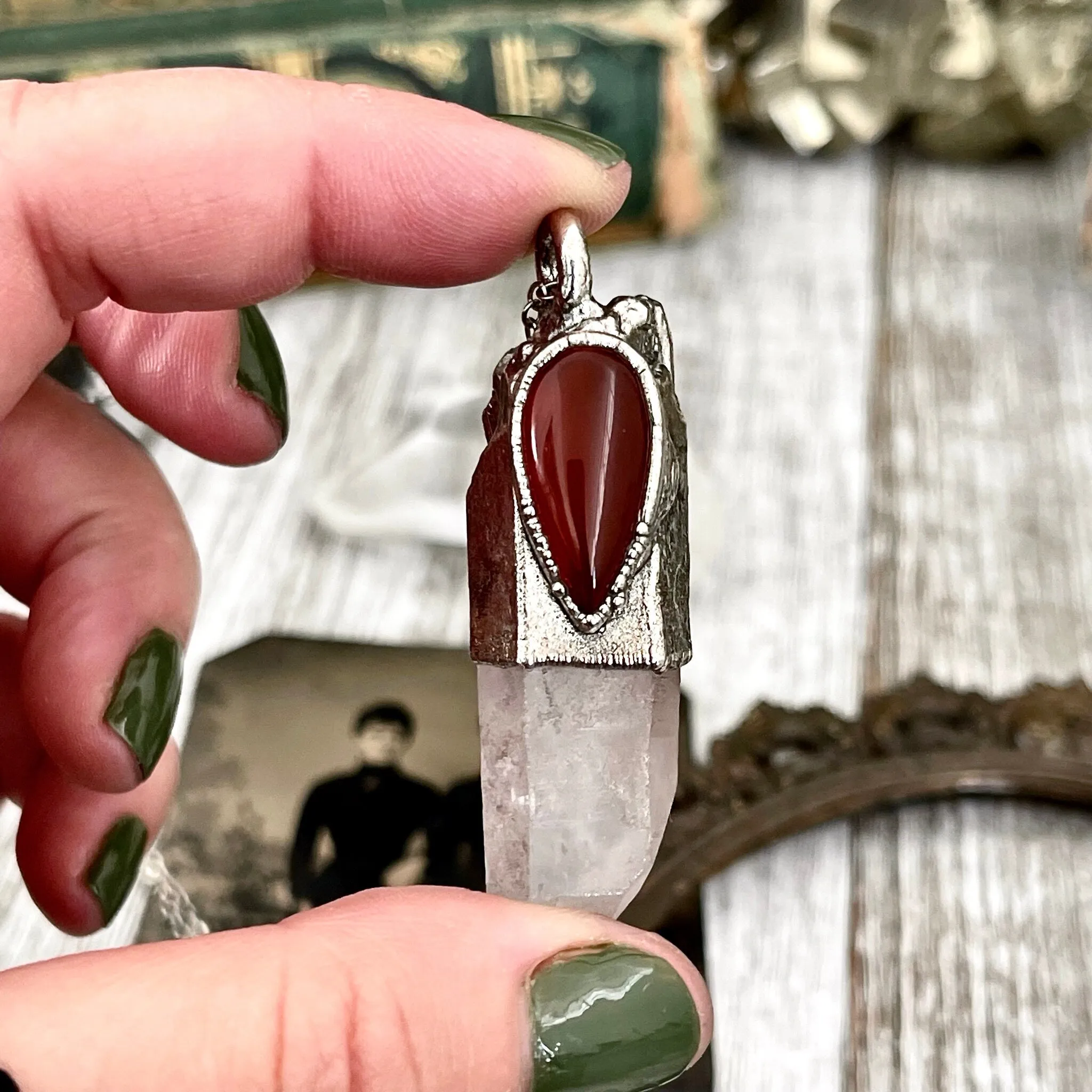 Large Raw Clear Quartz & Carnelian Crystal Statement Necklace in Fine Silver / Foxlark Collection - One of a Kind /