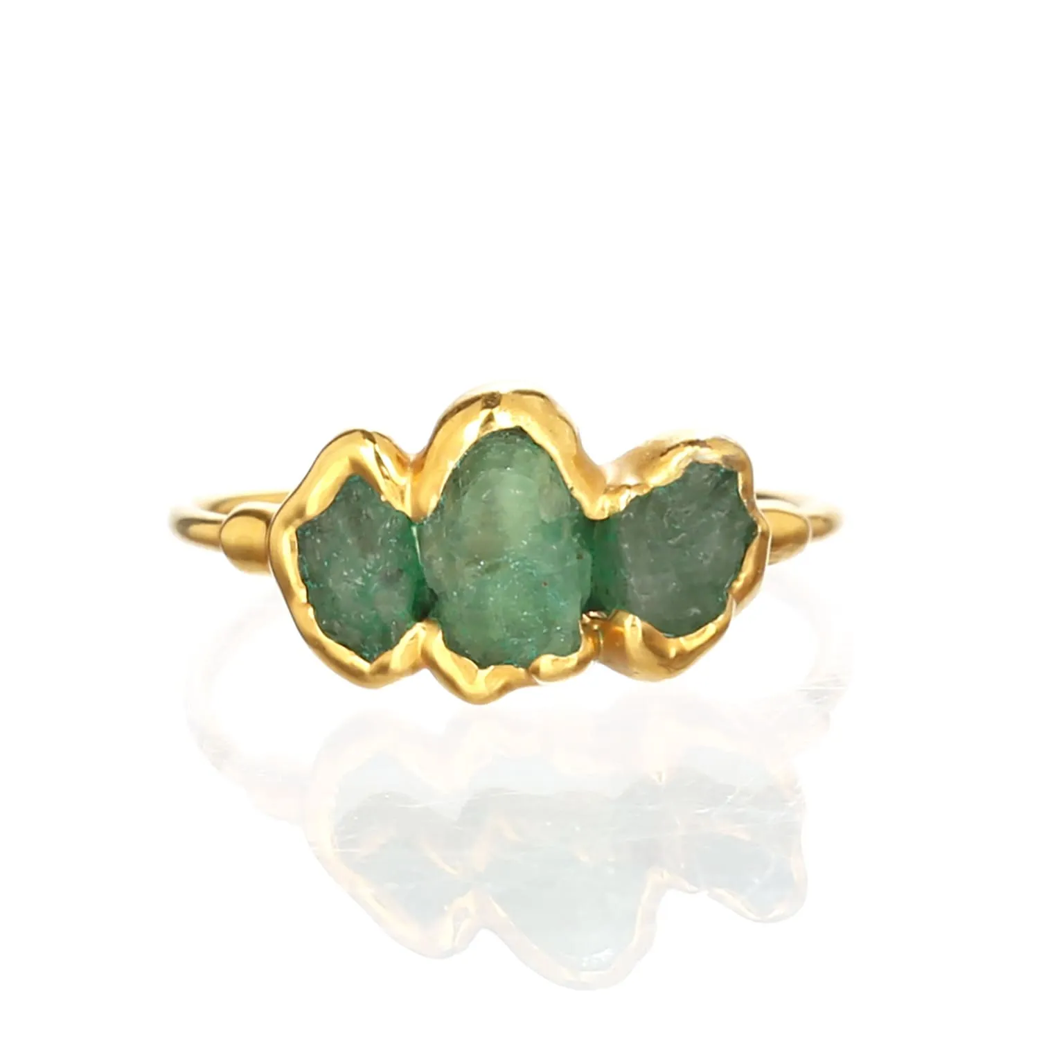 Large Three Stone Raw Emerald Ring in Yellow Gold