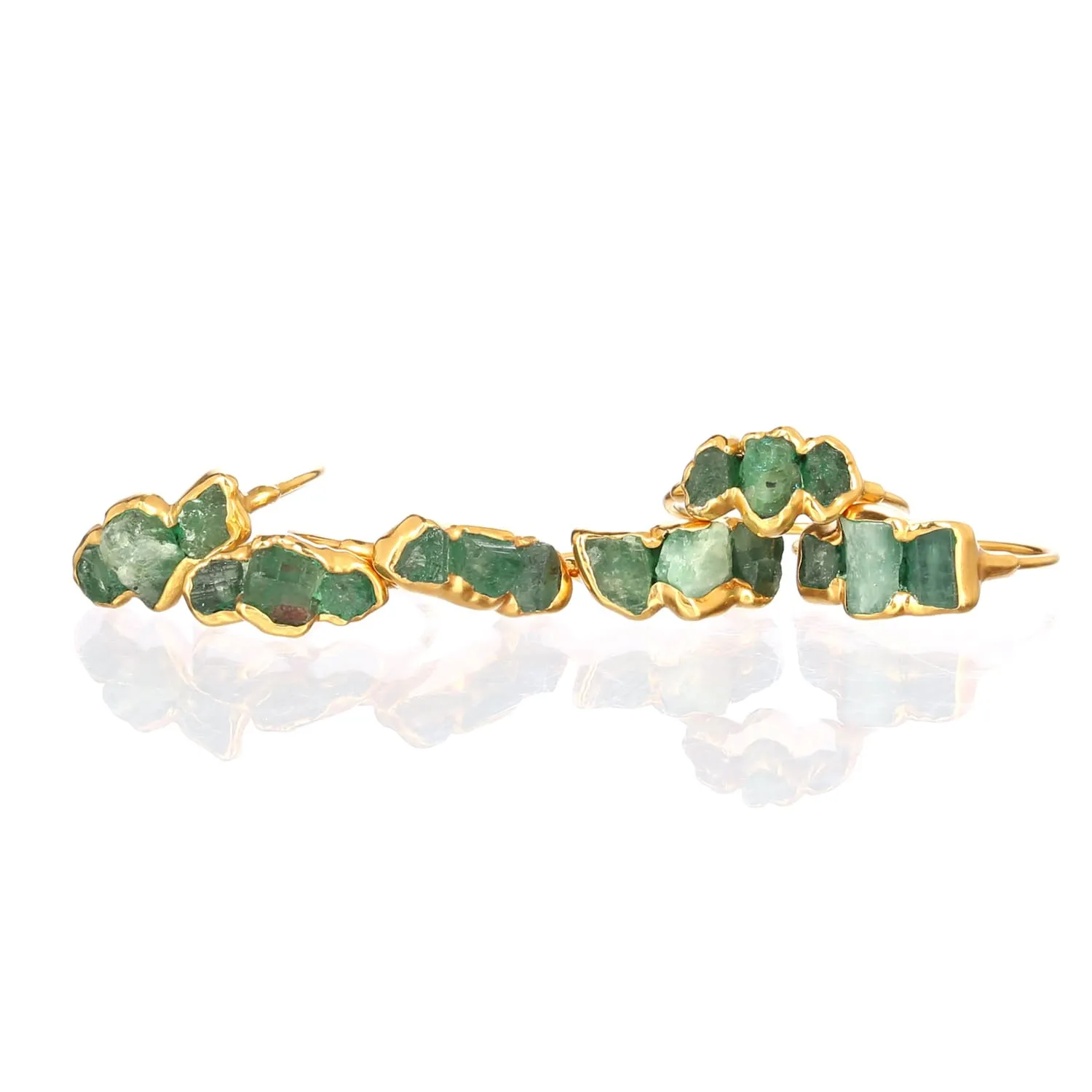 Large Three Stone Raw Emerald Ring in Yellow Gold