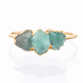 Large Three Stone Raw Emerald Ring in Yellow Gold