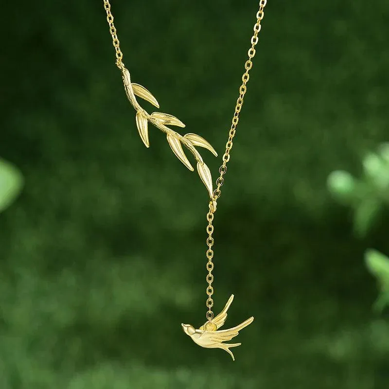 LFJF0082 Swallow Willow Branch Necklace Charm Jewelry - 925 Sterling Silver Chain