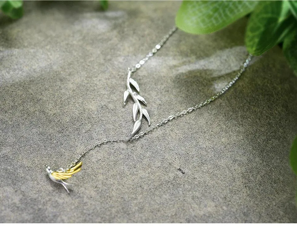 LFJF0082 Swallow Willow Branch Necklace Charm Jewelry - 925 Sterling Silver Chain