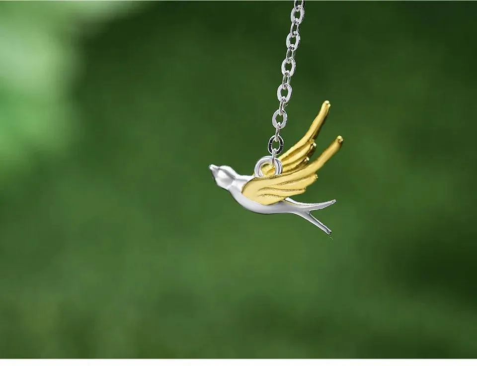 LFJF0082 Swallow Willow Branch Necklace Charm Jewelry - 925 Sterling Silver Chain