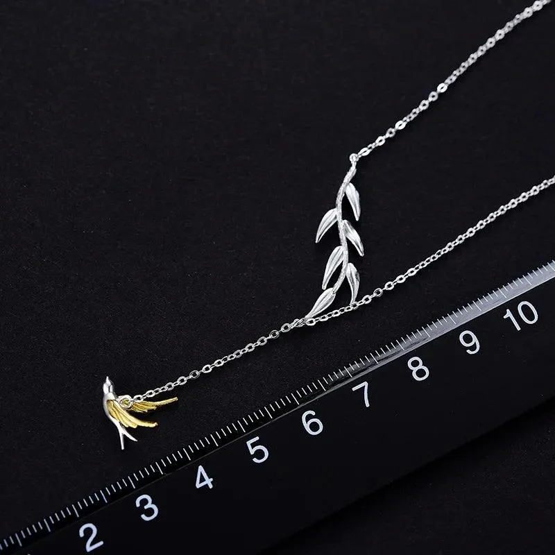 LFJF0082 Swallow Willow Branch Necklace Charm Jewelry - 925 Sterling Silver Chain