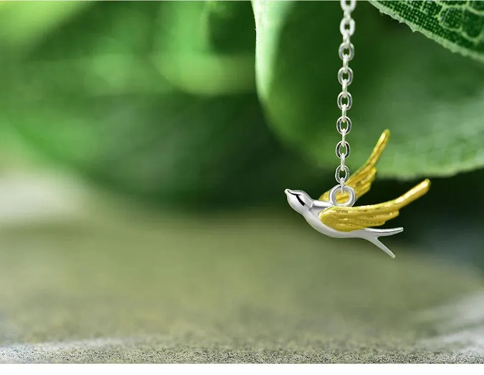 LFJF0082 Swallow Willow Branch Necklace Charm Jewelry - 925 Sterling Silver Chain