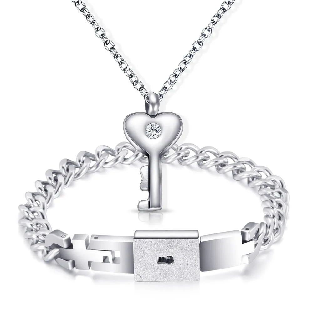 Love Lock and Key Stainless Steel Necklace & Bracelet Couple Jewelry Set