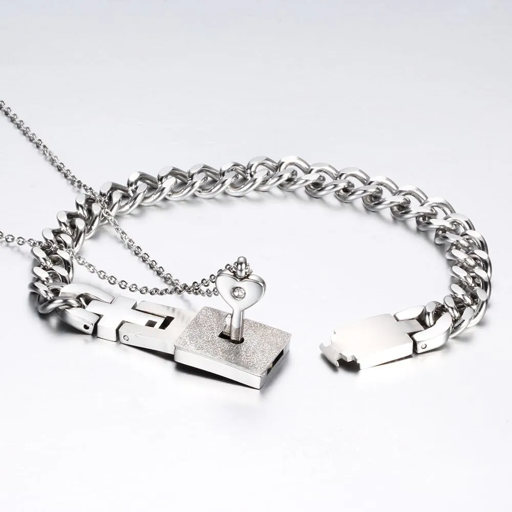 Love Lock and Key Stainless Steel Necklace & Bracelet Couple Jewelry Set