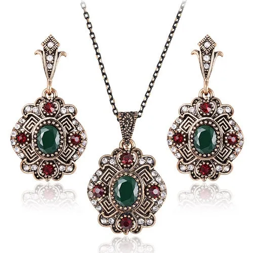 Luxury Indian and Turkish Crystal Flower Necklace & Earrings Vintage Jewelry Set