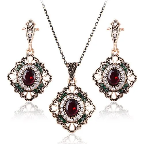 Luxury Indian and Turkish Crystal Flower Necklace & Earrings Vintage Jewelry Set