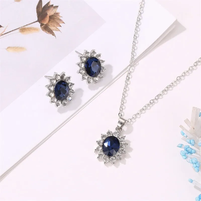 Luxury Sunflower Cubic Zirconia Necklace & Stud Earrings Trendy Fashion Jewelry Set