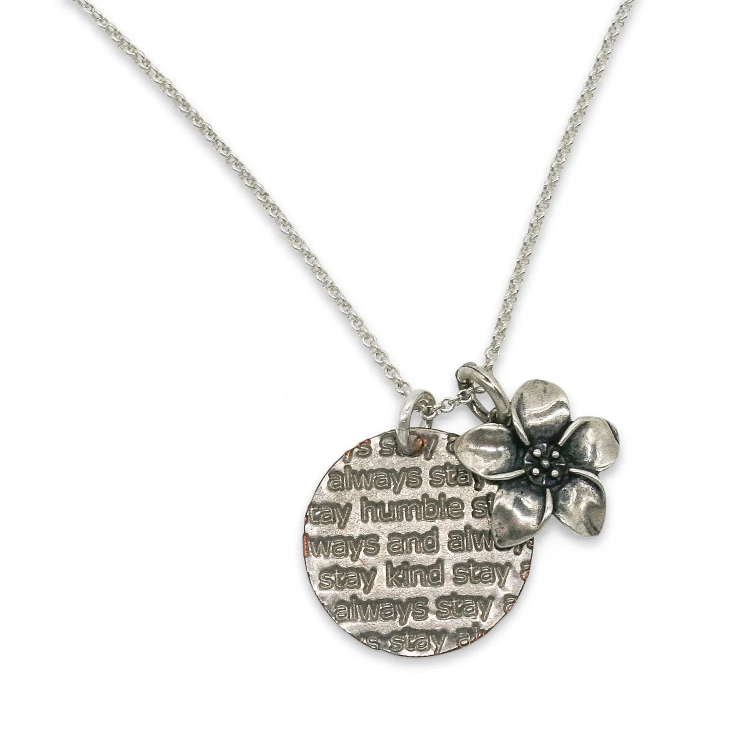 Mariamor Humble and Kind Coin, Plumeria Charm Necklace, Sterling Silver