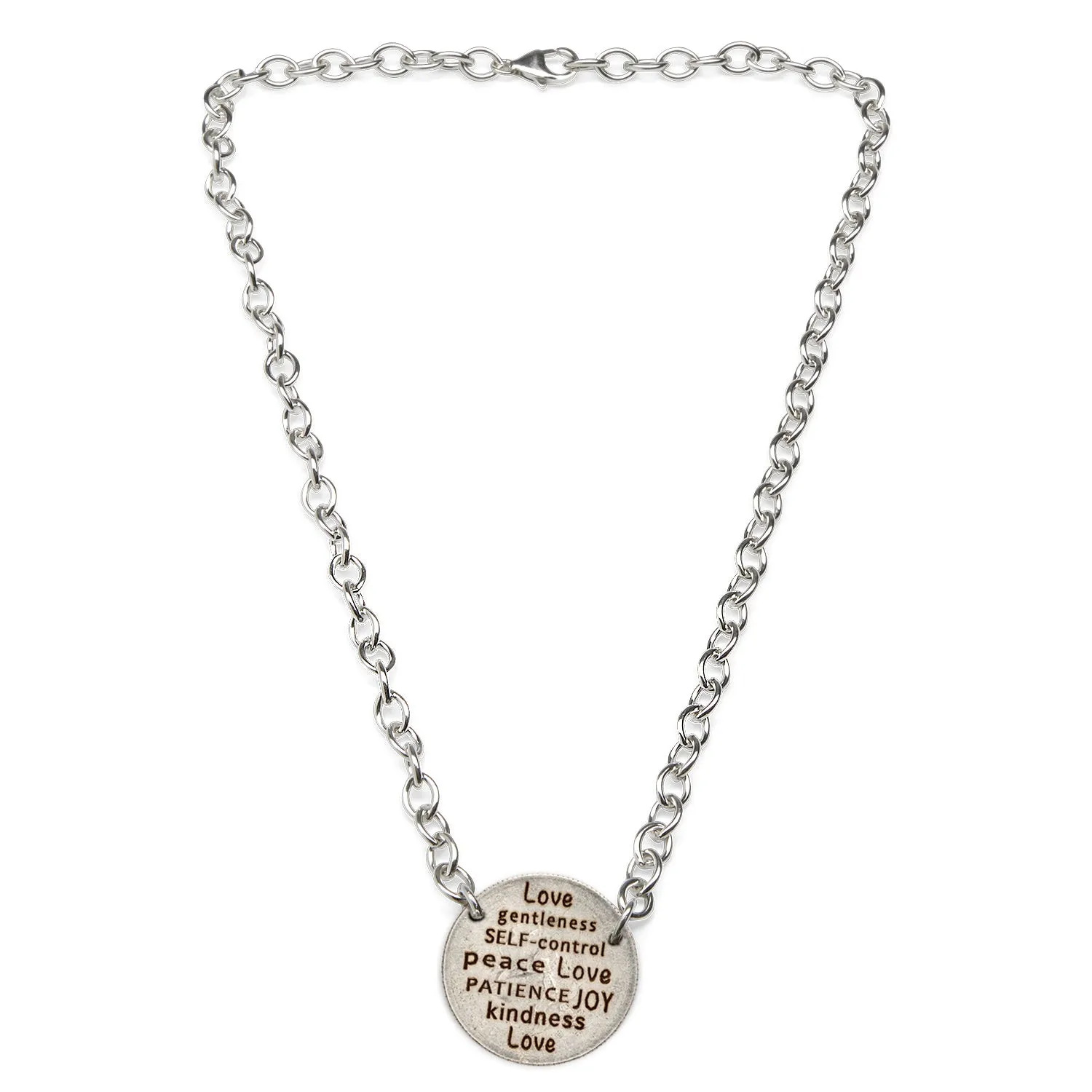 Sure! Here’s an optimized title for the e-commerce product:

Sterling Silver Quarter Statement Necklace with Mariamor Kindness, Love, Joy, and Patience Charm

This title includes modifiers that highlight the material, the style of the necklace, and the specific charms it features.