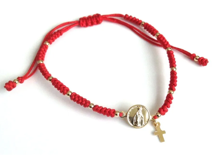 Miraculous Medal Bracelet, friendship Adjustable Bracelet, red string bracelet, gold plated pendant, religious gifts, Virgin Mary Jewelry