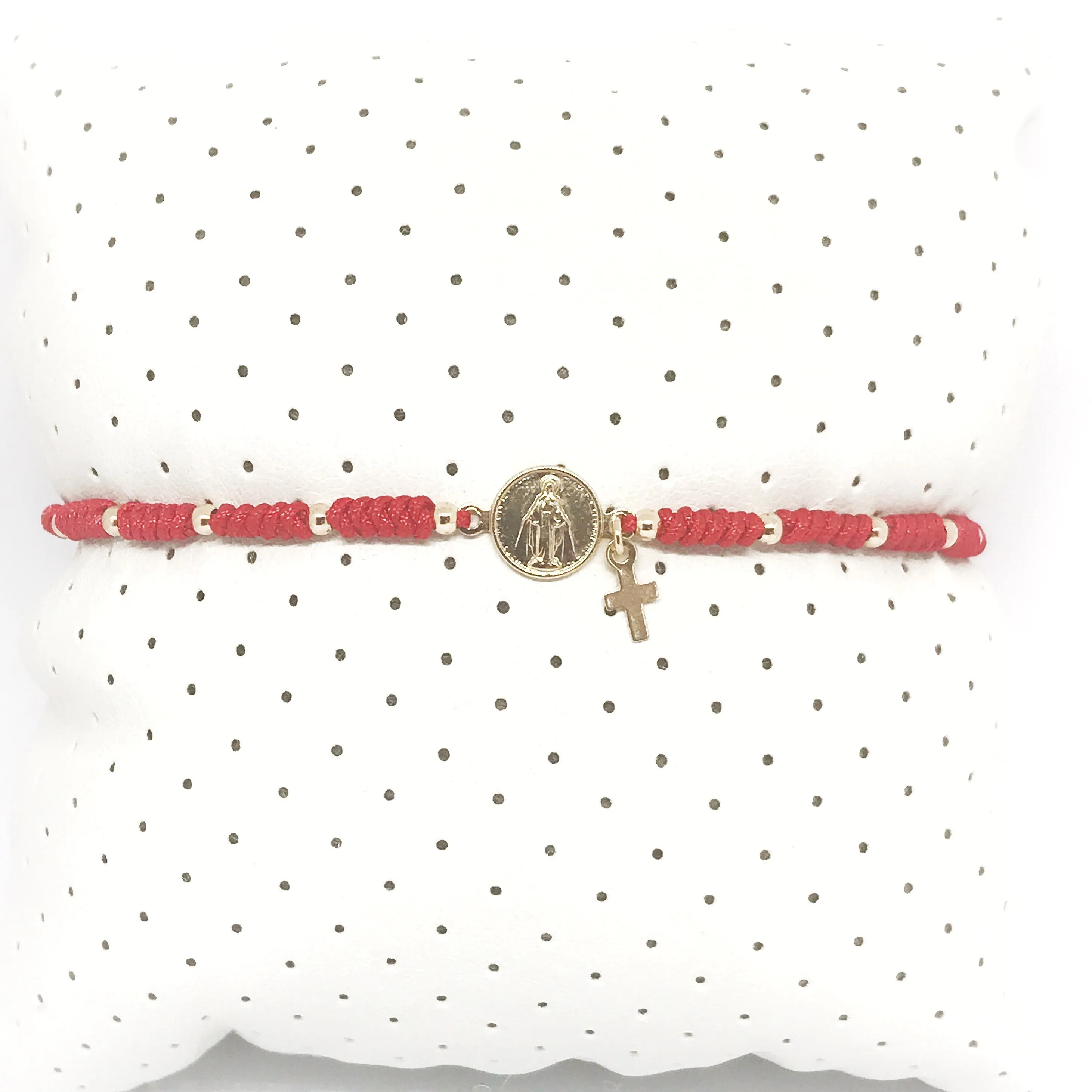 Miraculous Medal Bracelet, friendship Adjustable Bracelet, red string bracelet, gold plated pendant, religious gifts, Virgin Mary Jewelry