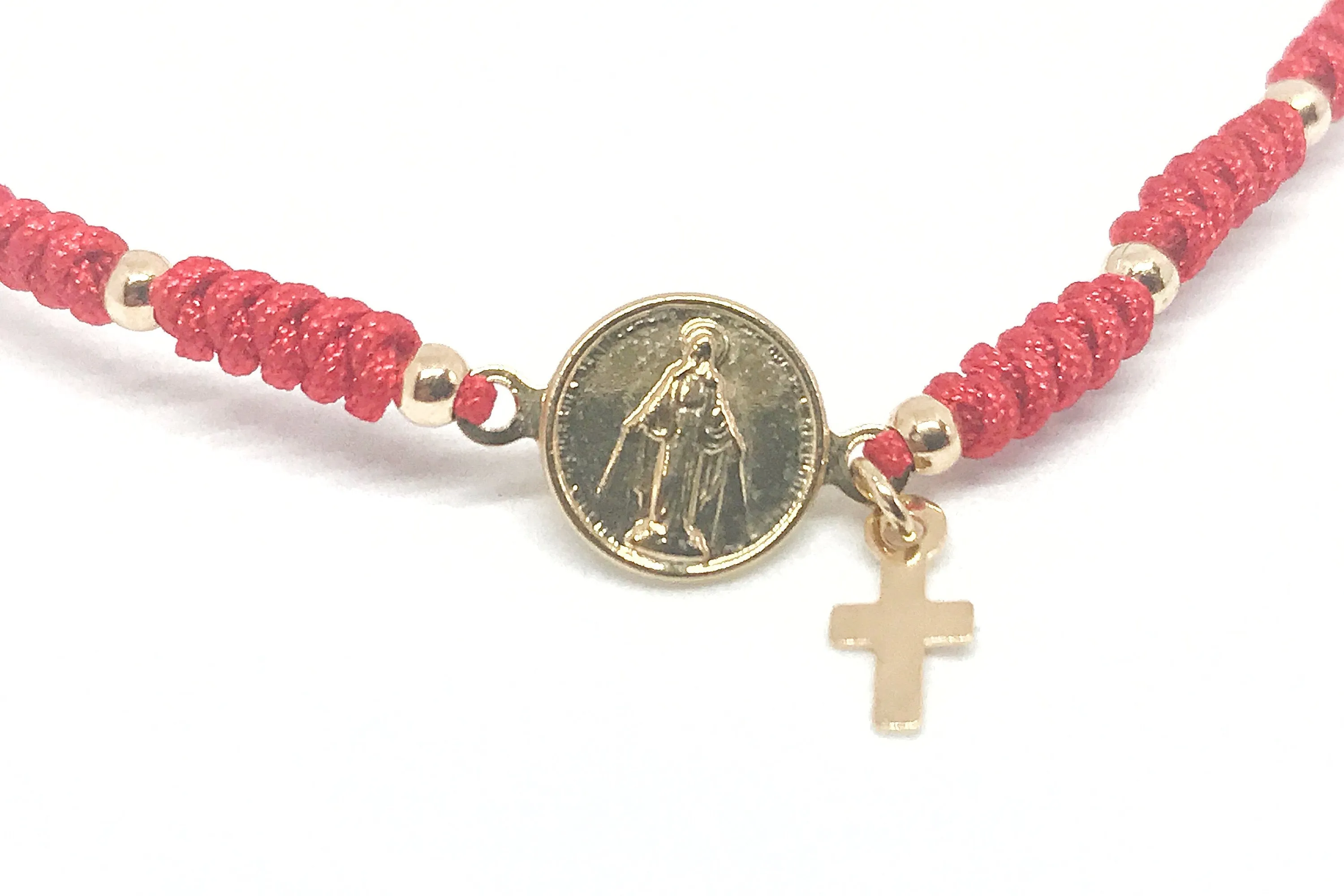 Miraculous Medal Bracelet, friendship Adjustable Bracelet, red string bracelet, gold plated pendant, religious gifts, Virgin Mary Jewelry