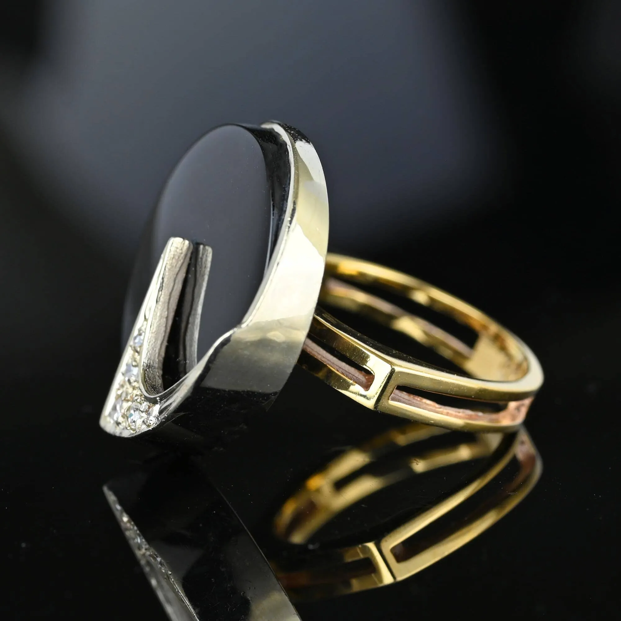 Modernist 14K Gold Diamond Onyx Ring, Euro Shank