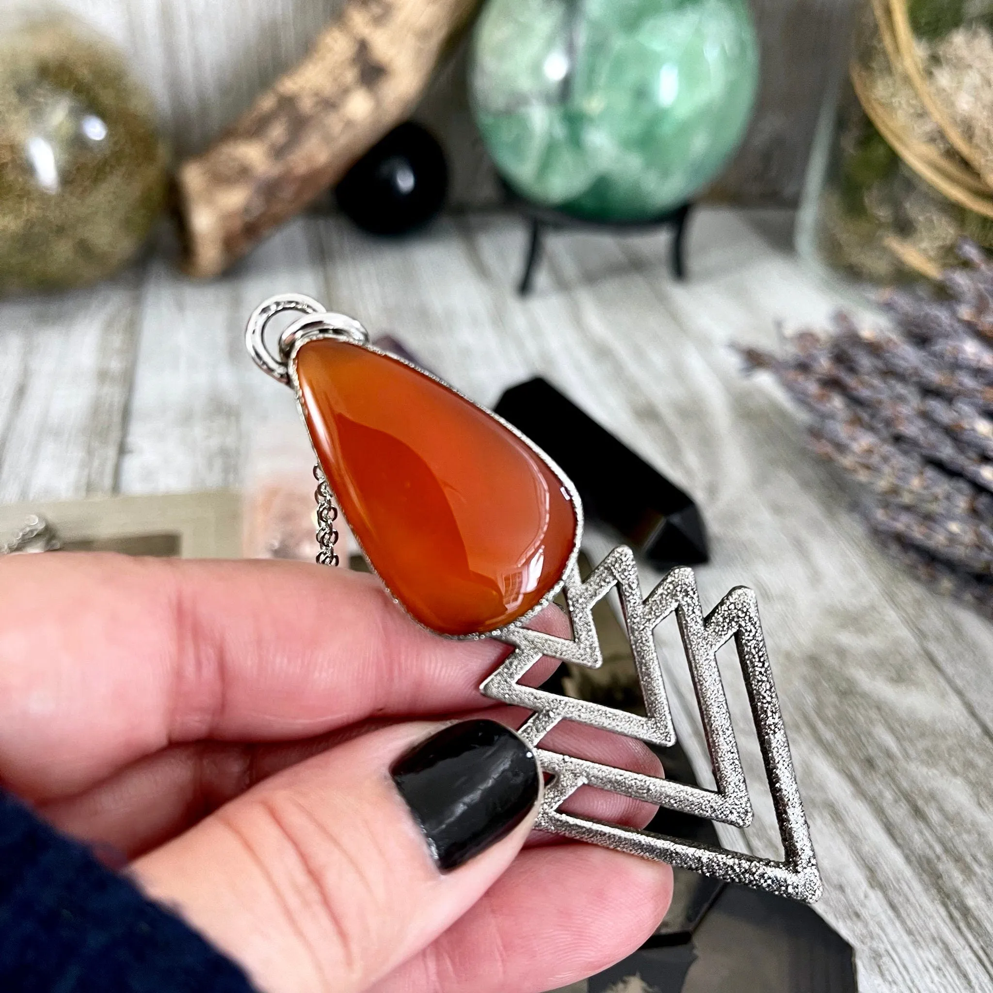 Moss & Moon Collection - Big Carnelian Moon Phase Statement Necklace set in Fine Silver / One of a Kind - by Foxlark Electroformed Jewelry