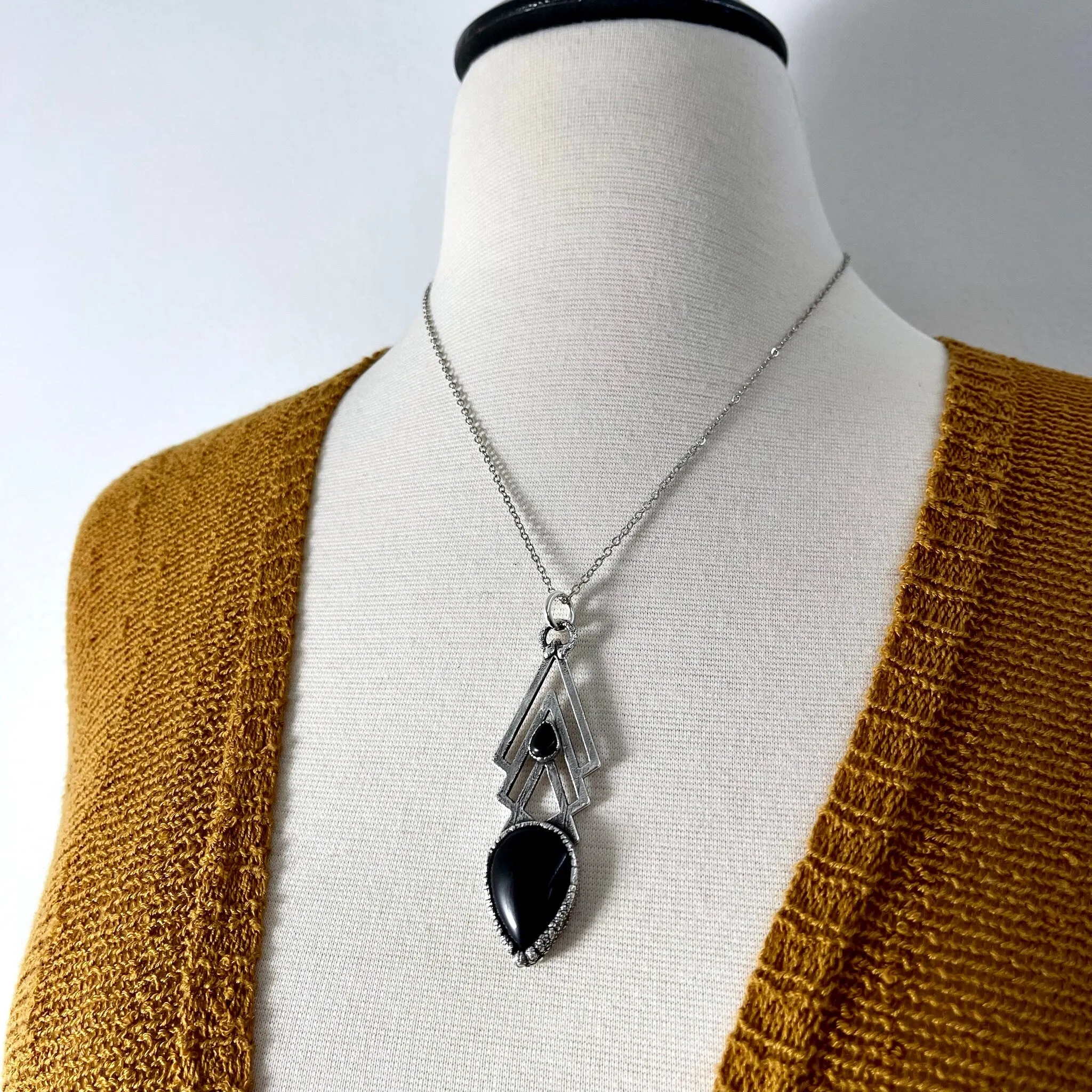 Moss & Moon Collection -Black Onyx Crystal Necklace set in Fine Silver /