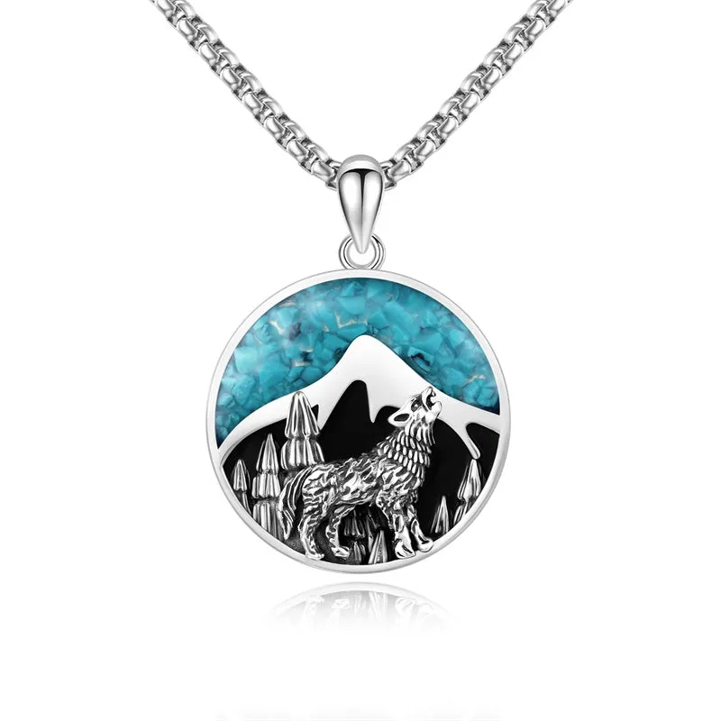 Mountain Necklace 925 Sterling Silver Mountain Pendant Wolf Necklace Compass Necklace for Men Women