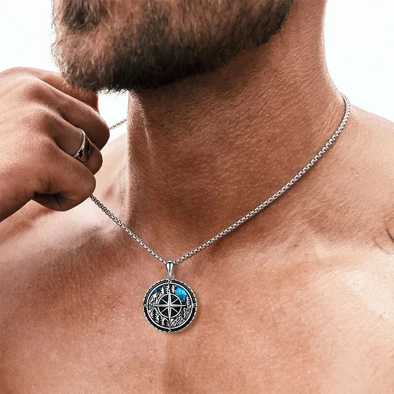 Mountain Necklace 925 Sterling Silver Mountain Pendant Wolf Necklace Compass Necklace for Men Women