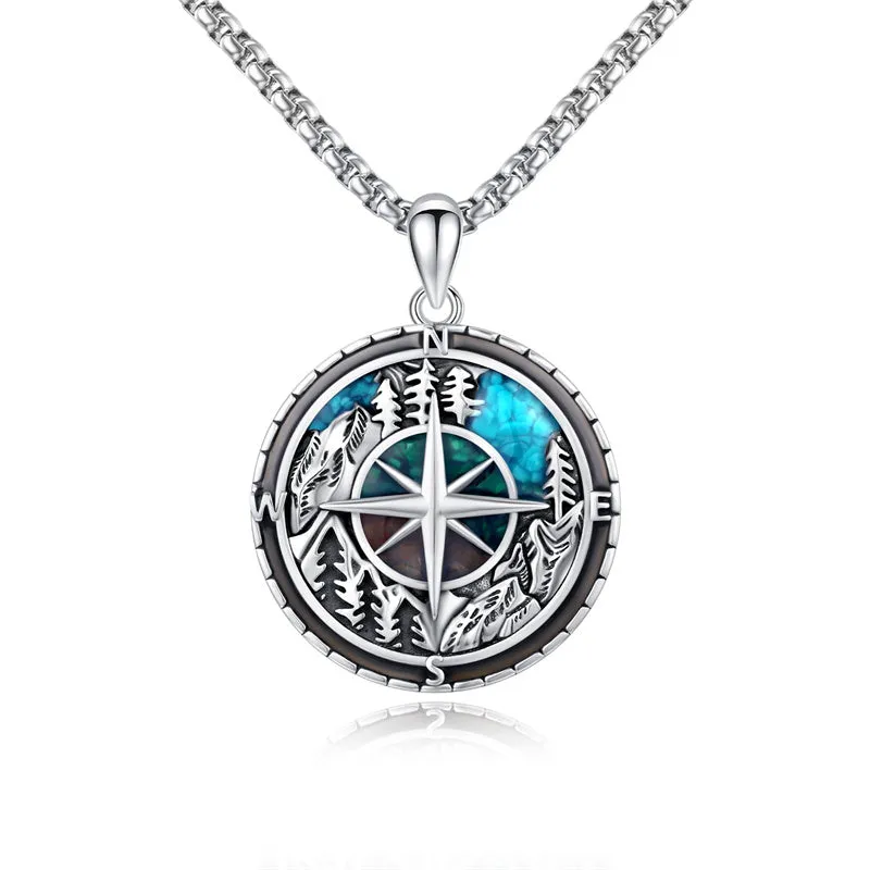 Mountain Necklace 925 Sterling Silver Mountain Pendant Wolf Necklace Compass Necklace for Men Women