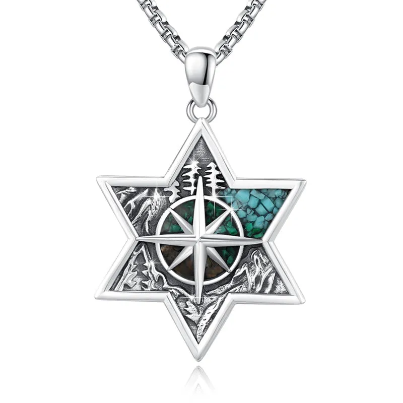 Mountain Necklace 925 Sterling Silver Mountain Pendant Wolf Necklace Compass Necklace for Men Women