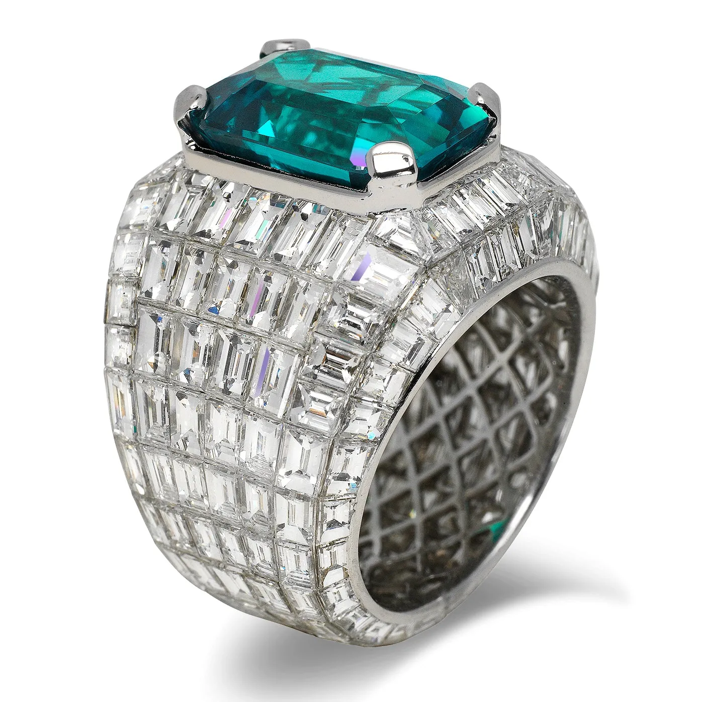 MUZO 30 CARAT MEN’S EMERALD AND DIAMOND CHANDELIER RING 18K WHITE GOLD 7 CT BY MIKE NEKTA