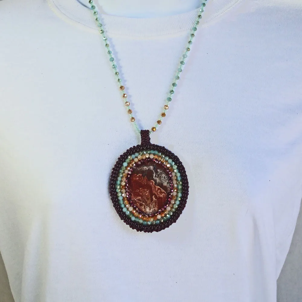 Naomi, Colored Glass Fused Cabochon, Beaded Pendant, Necklace