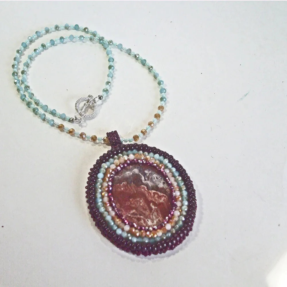 Naomi, Colored Glass Fused Cabochon, Beaded Pendant, Necklace