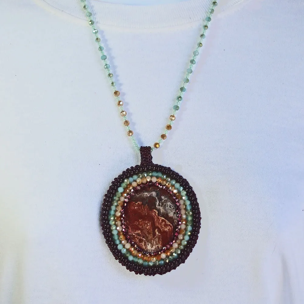 Naomi, Colored Glass Fused Cabochon, Beaded Pendant, Necklace