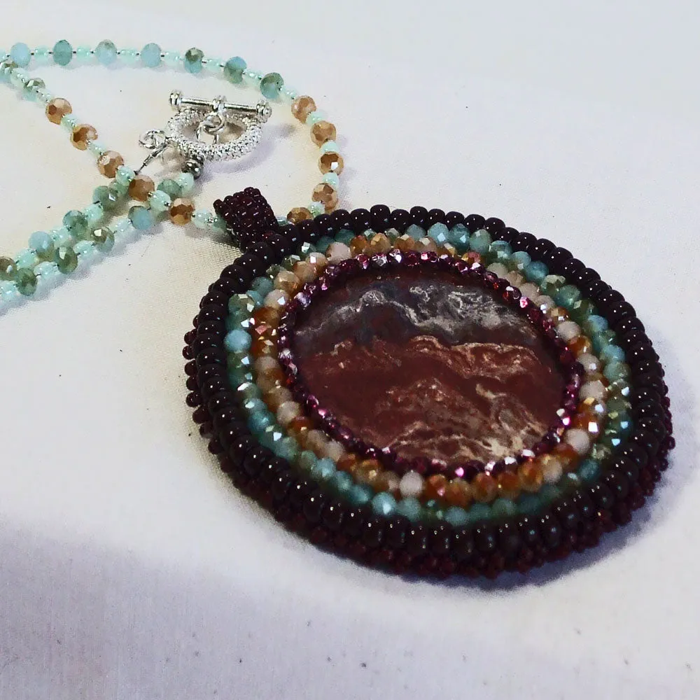 Naomi, Colored Glass Fused Cabochon, Beaded Pendant, Necklace