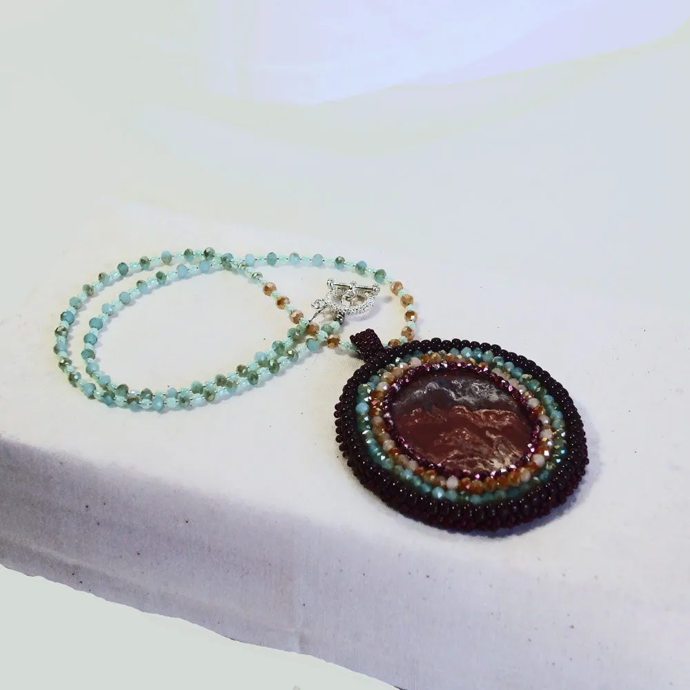 Naomi, Colored Glass Fused Cabochon, Beaded Pendant, Necklace