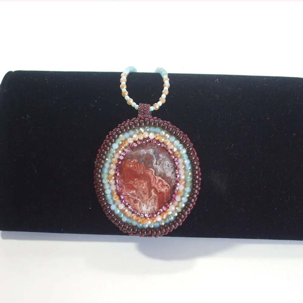 Naomi, Colored Glass Fused Cabochon, Beaded Pendant, Necklace