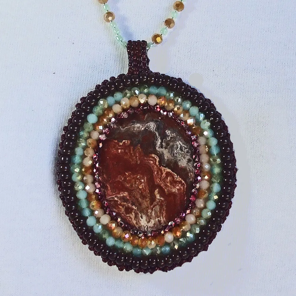 Naomi, Colored Glass Fused Cabochon, Beaded Pendant, Necklace