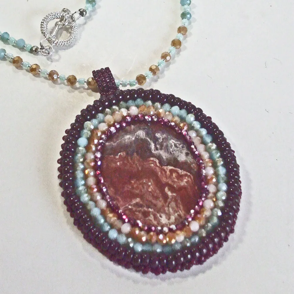 Naomi, Colored Glass Fused Cabochon, Beaded Pendant, Necklace