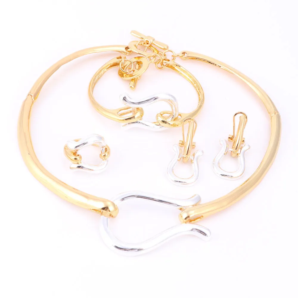 Omega African Gold and Silver Color Necklace, Bracelet, Earrings & Ring Wedding Jewelry Set