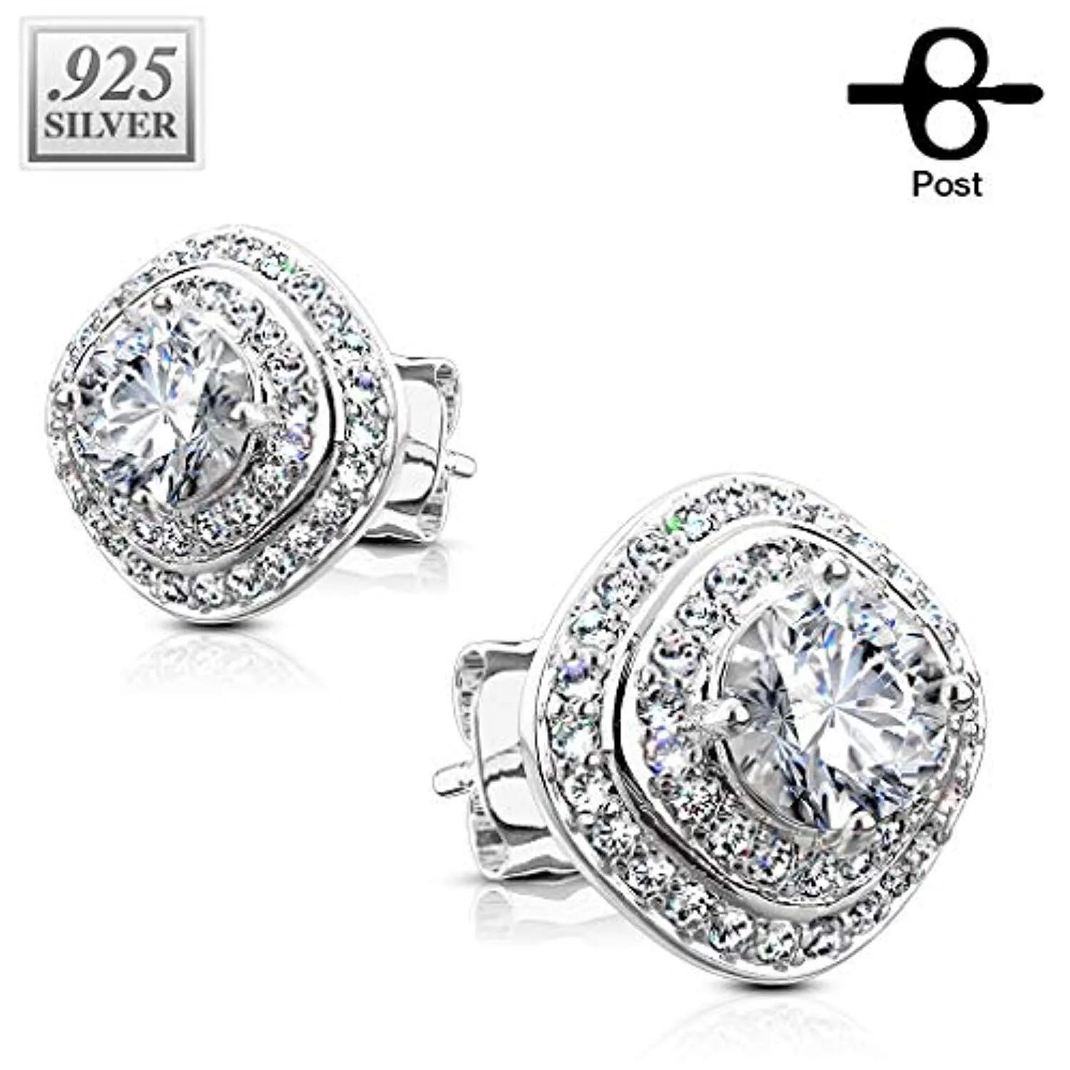 Pair of .925 Sterling Silver CZ Paved Triple Tier Square WildKlass Stud Earrings